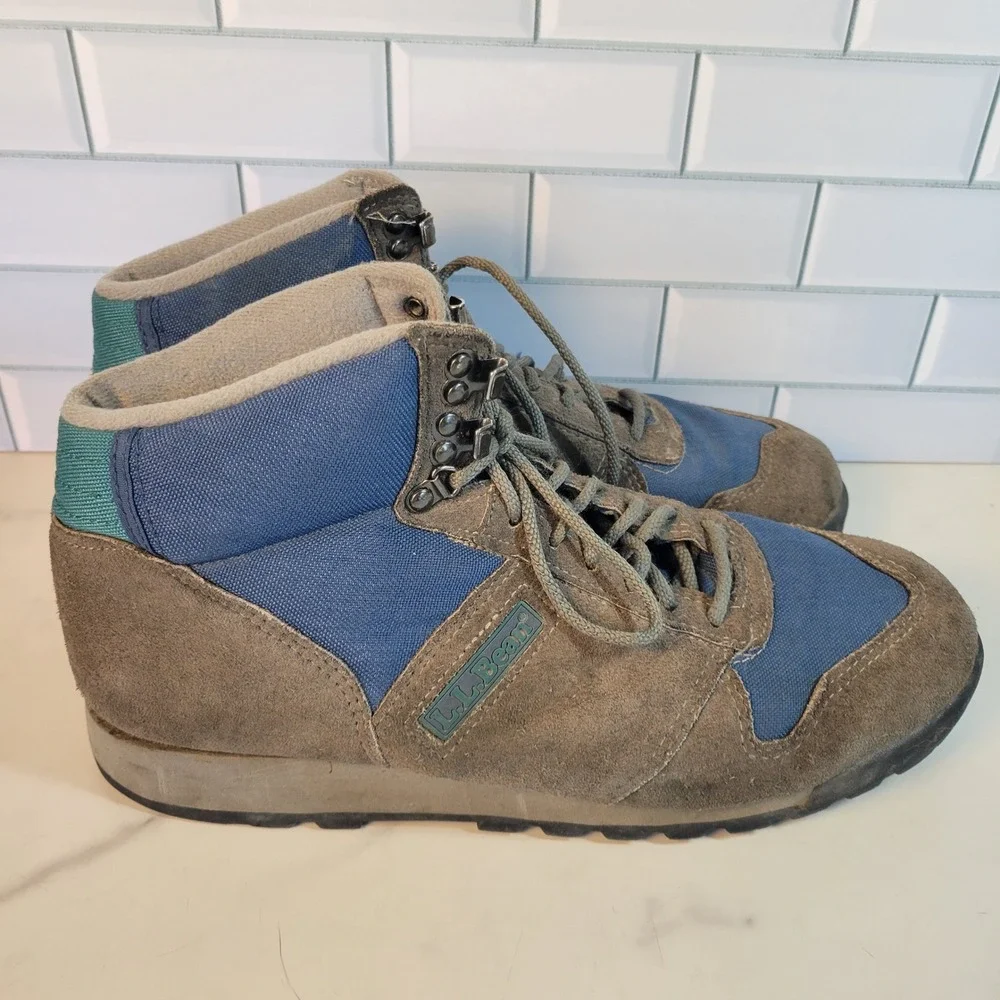 VTG LL Bean Merrell Mens Hiking Boots Sz 10 Brown Blue Suede Canvas Trail Shoes